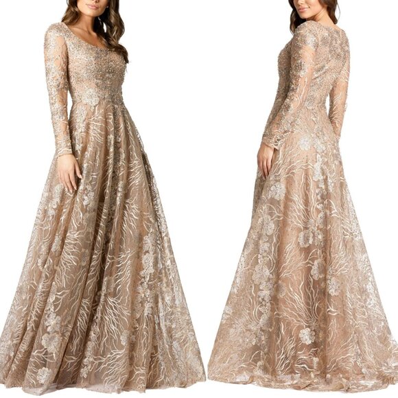 Mac Duggal 20285 Sz 20 JEWEL ENCRUSTED LONG SLEEVE SQUARE NECK GOWN Vint…‎ - Picture 1 of 15